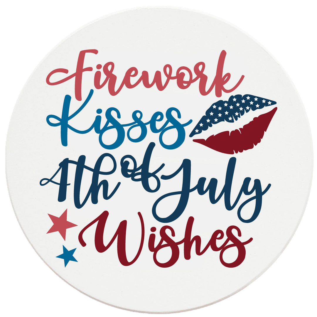 4 Inch Round Ceramic Firework Kissed 4th of July Wishes, 2 Sets of 4, 8 Pieces