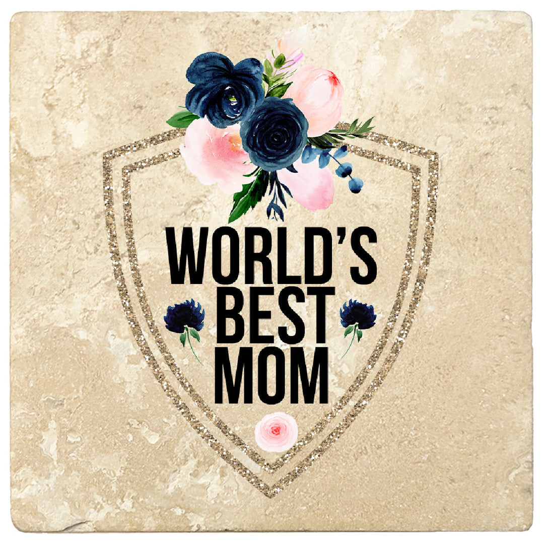 4 inch Square Travertine Gift for Moms Coasters World's Best Mom, 2 Sets of 4, 8 Pieces