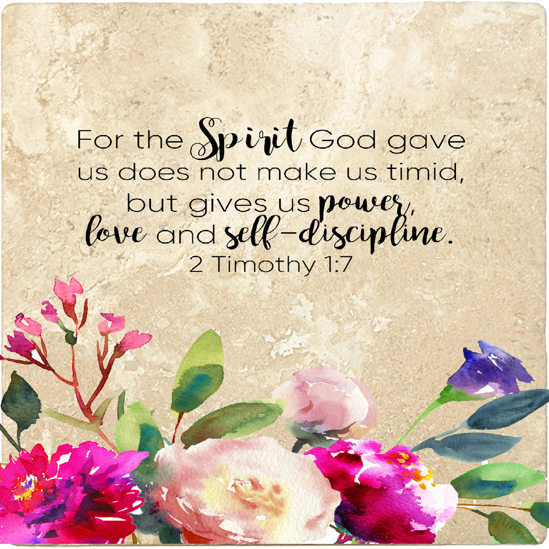 4 inch Square Travertine Religious Gift Coasters Spirit Of God Gives Us Power, 2 Sets of 4, 8 Pieces