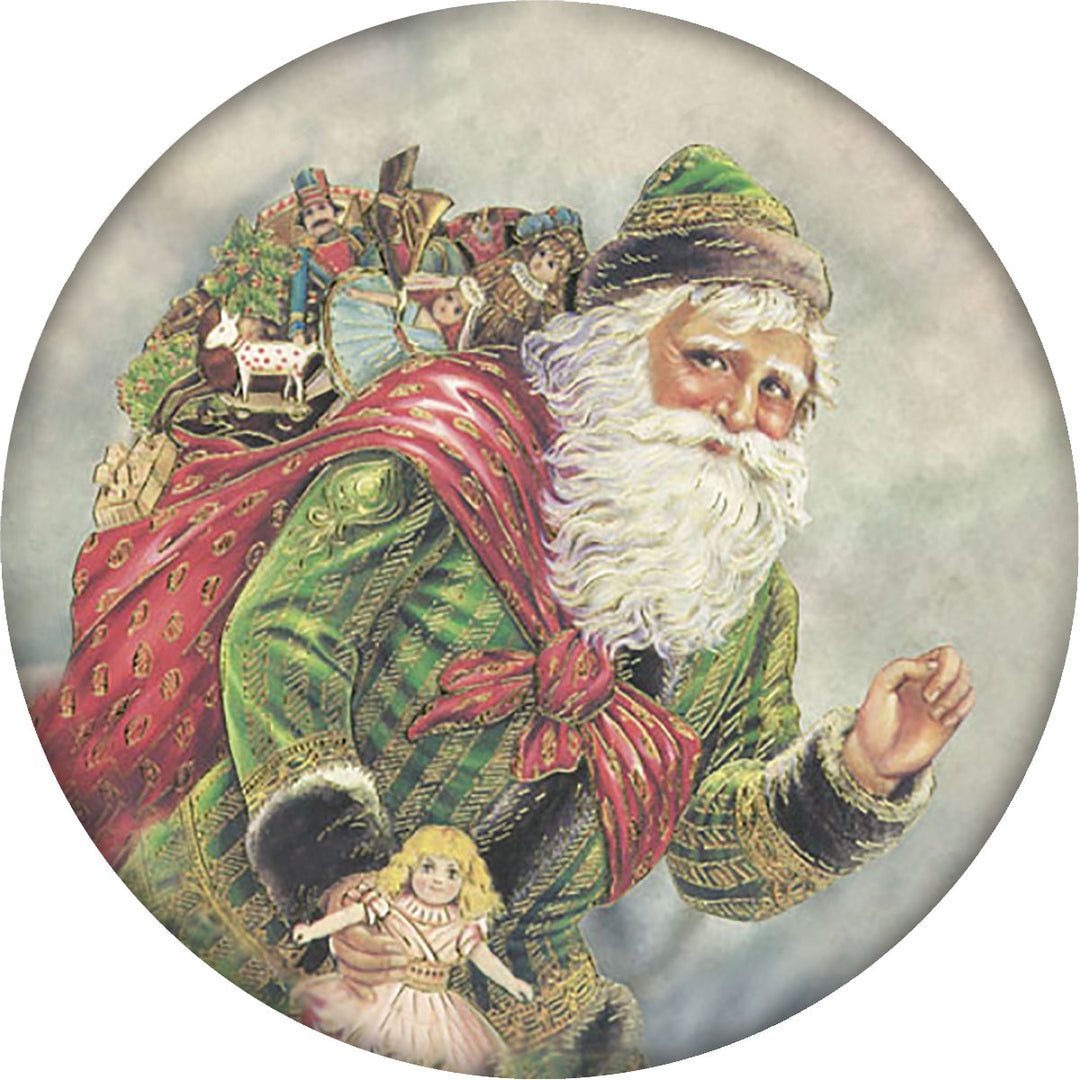 4 Inch Round Ceramic Coaster Set, Historic Santa in Green, 2 Sets of 4, 8 Pieces