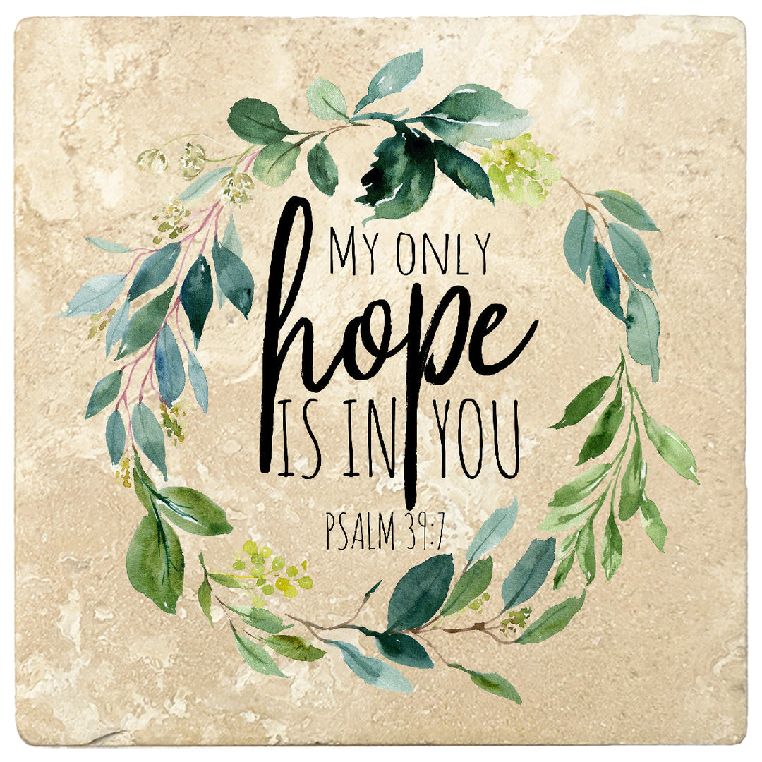 4 inch Square Travertine Religious Gift Coasters My Only Hope Is In You, 2 Sets of 4, 8 Pieces
