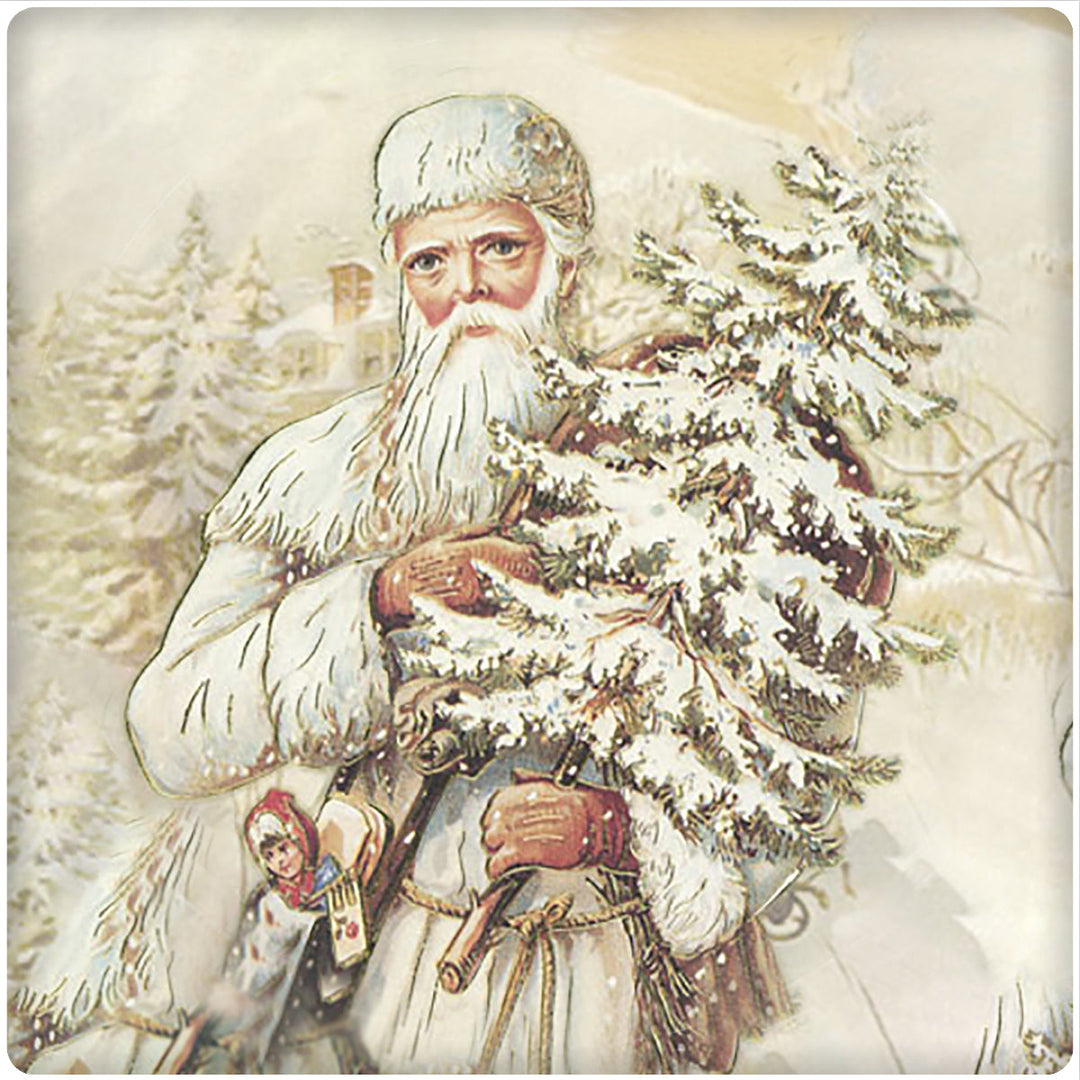 4 Inch Square Ceramic Coaster Set, Historic Santa White Theme, 2 Sets of 4, 8 Pieces