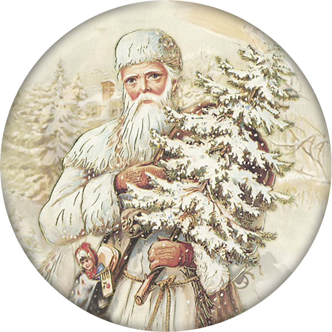4 Inch Round Ceramic Coaster Set, Historic Santa White Theme, 2 Sets of 4, 8 Pieces