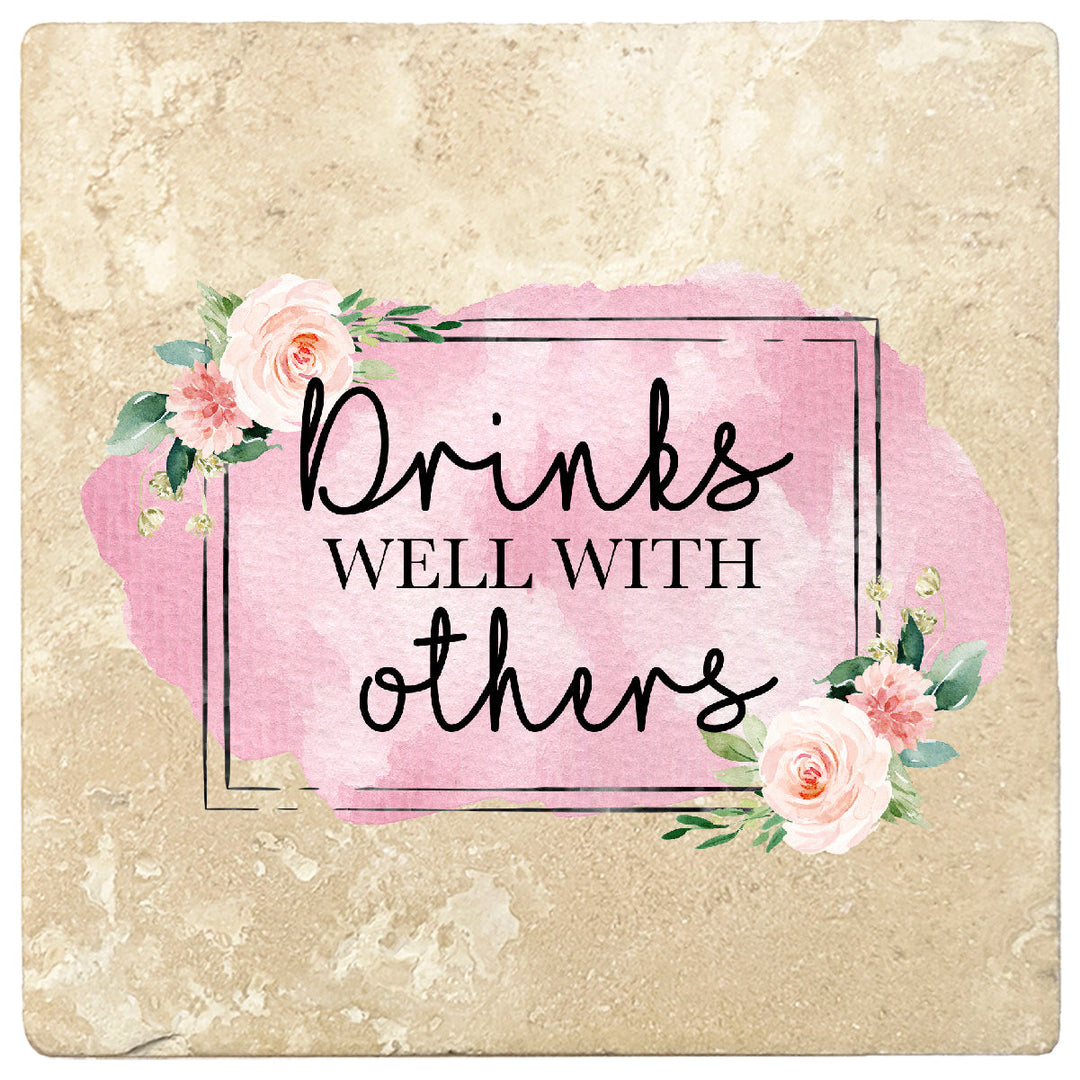 4 inch Square Travertine Gift for Moms Coasters Drinks Well With Others, 2 Sets of 4, 8 Pieces