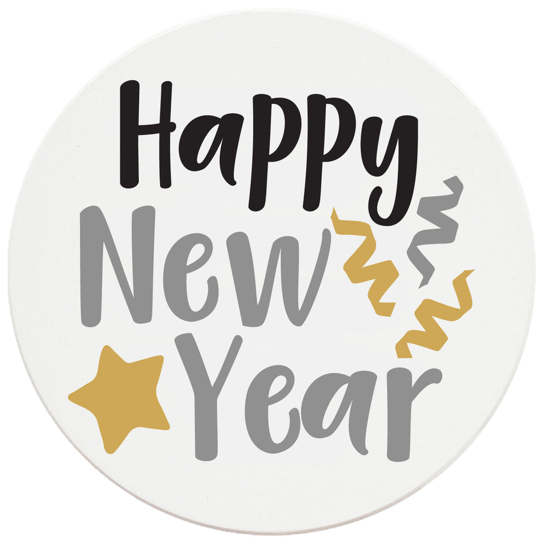 4 Inch Round Ceramic Coaster Set, Happy New Year, 2 Sets of 4, 8 Pieces