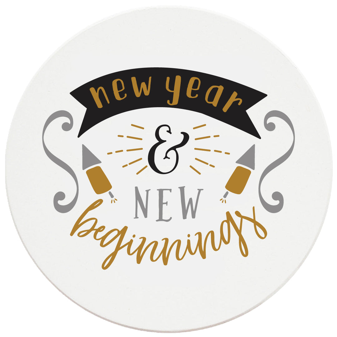 4 Inch Round Ceramic Coaster Set, New Year New Beginnings, 2 Sets of 4, 8 Pieces