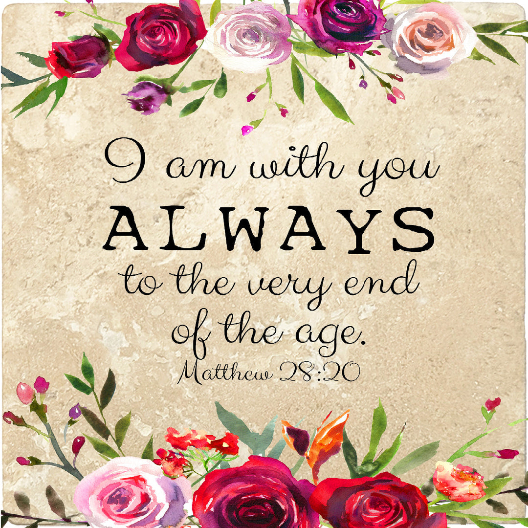 4 inch Square Travertine Religious Gift Coasters I Am With You Always, 2 Sets of 4, 8 Pieces