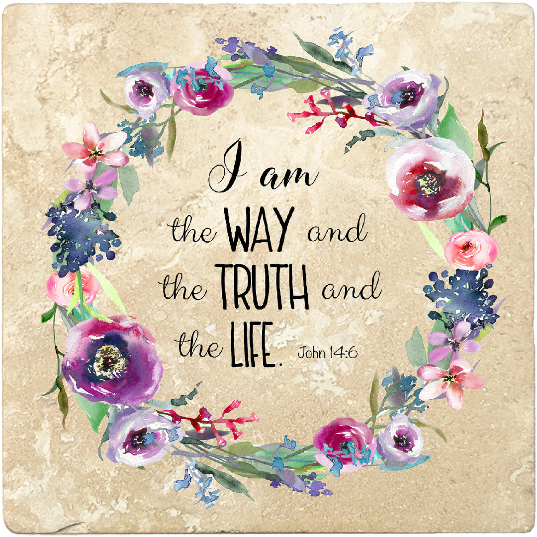 4 inch Square Travertine Religious Gift Coasters I Am The Way Truth Life, 2 Sets of 4, 8 Pieces