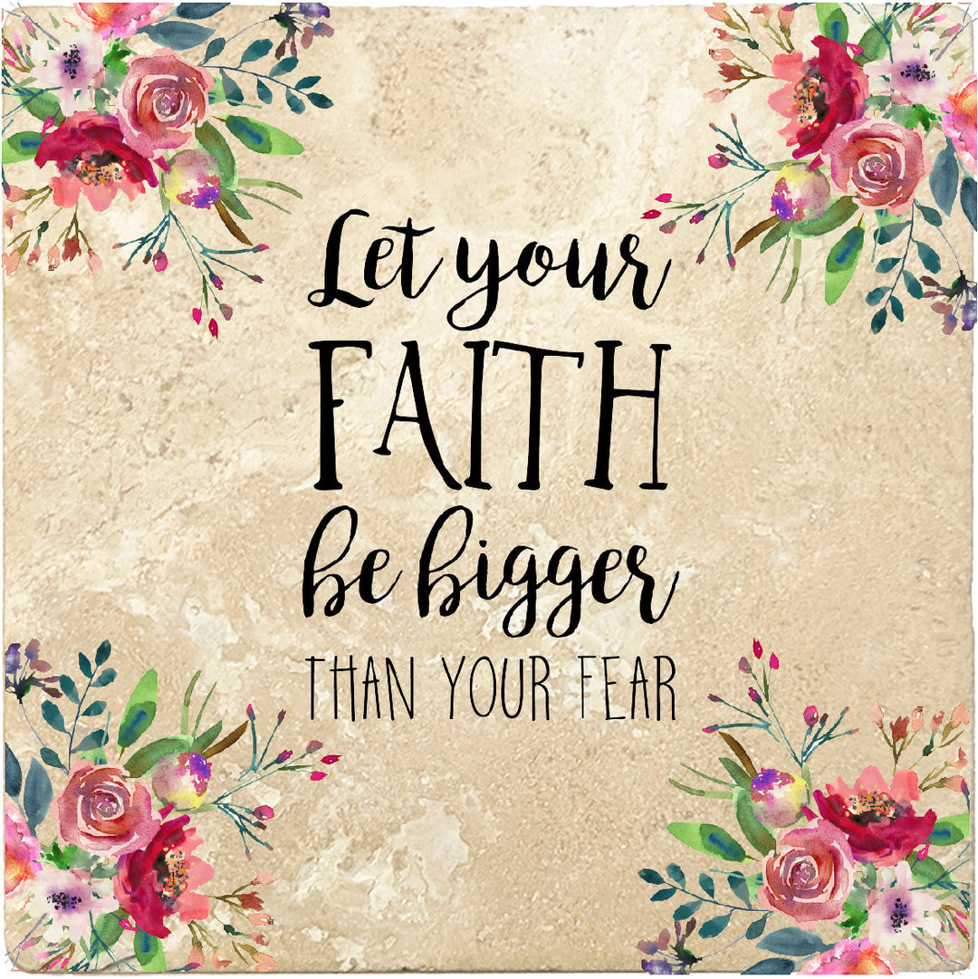4 inch Square Travertine Religious Gift Coasters Let Your Faith Be Bigger, 2 Sets of 4, 8 Pieces