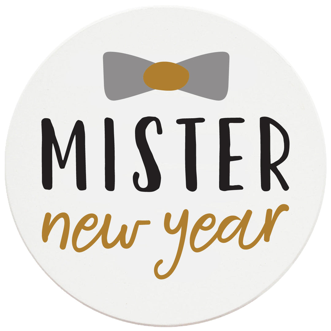 4 Inch Round Ceramic Coaster Set, Mister New Year, 2 Sets of 4, 8 Pieces