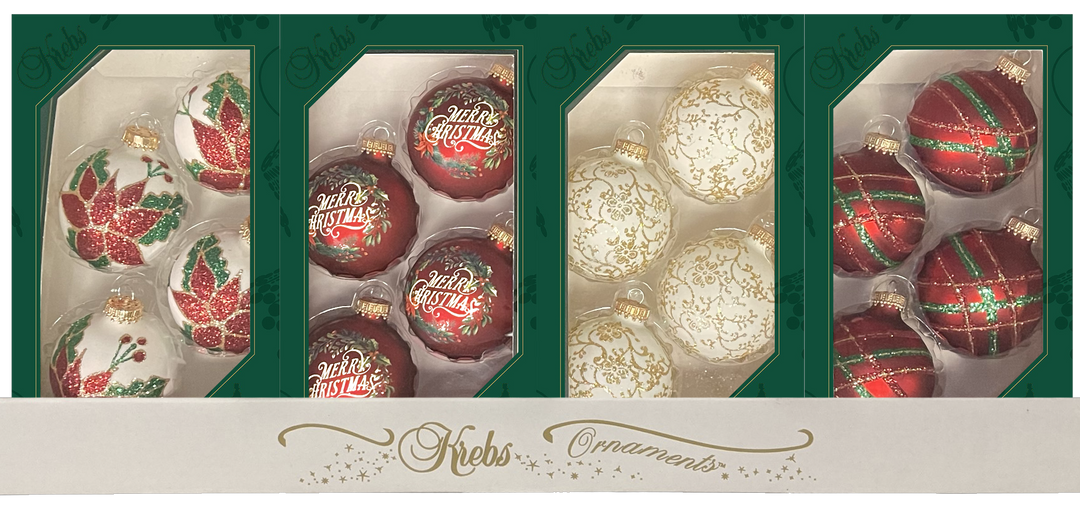 2 5/8" (67mm) Ball Ornaments, Decorated Red/White Assortment, 4/Box, 12/Case, 48 Pieces