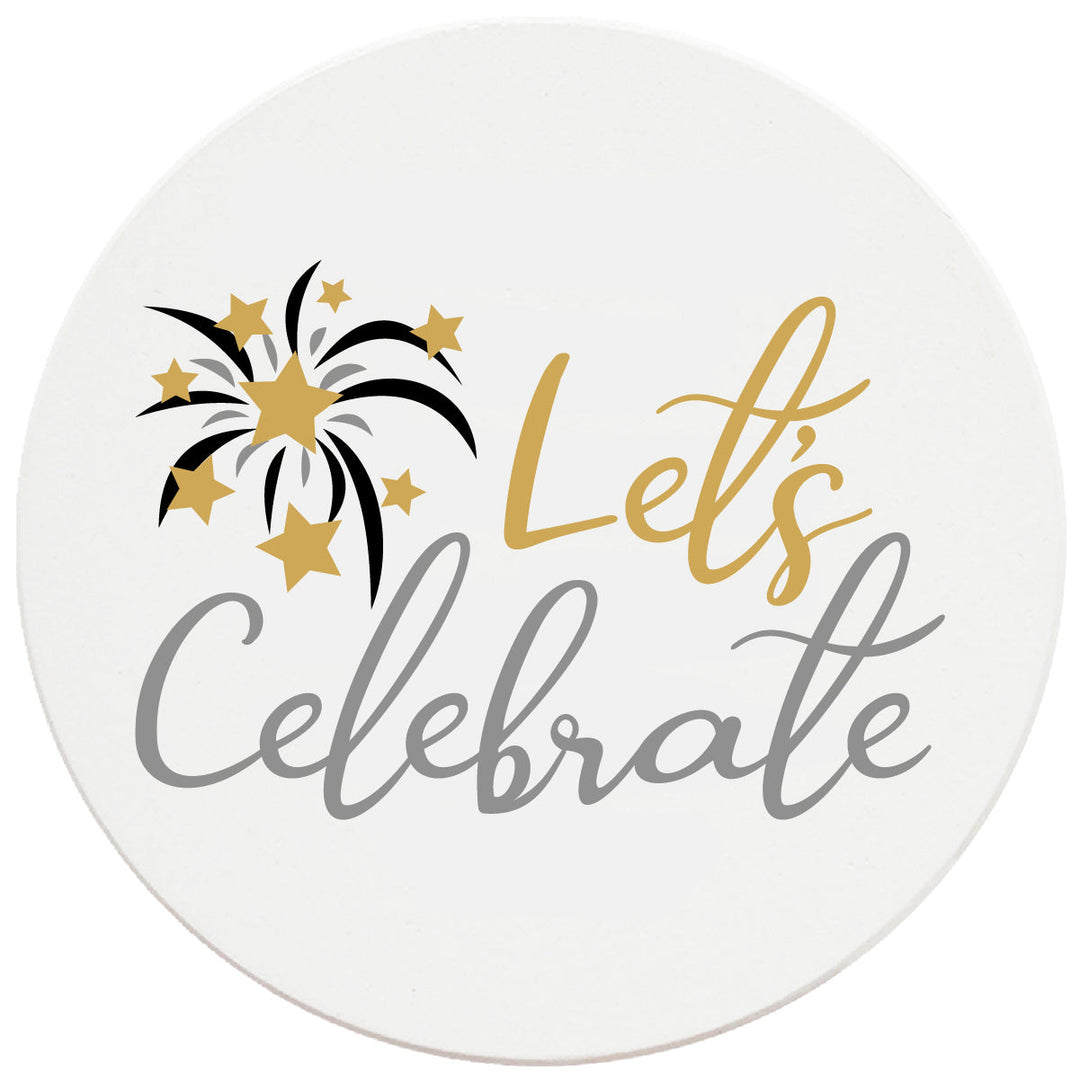 4 Inch Round Ceramic Coaster Set, Let's Celebrate, 2 Sets of 4, 8 Pieces
