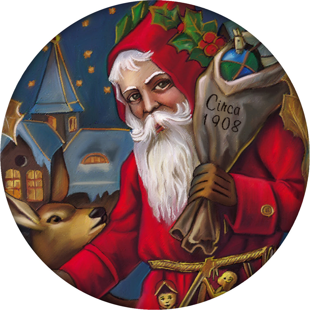 4 Inch Round Ceramic Coaster Set, Historic Santa 1908, 2 Sets of 4, 8 Pieces