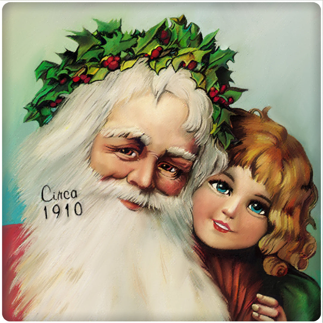 4 Inch Square Ceramic Coaster Set, Historic Santa 1910, 2 Sets of 4, 8 Pieces