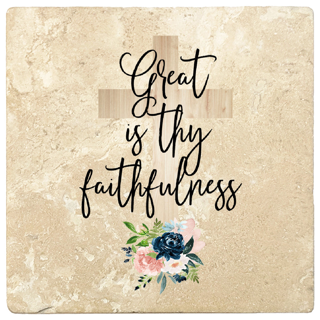 4 inch Square Travertine Religious Gift Coasters Great Is Thy Faithfulness, 2 Sets of 4, 8 Pieces