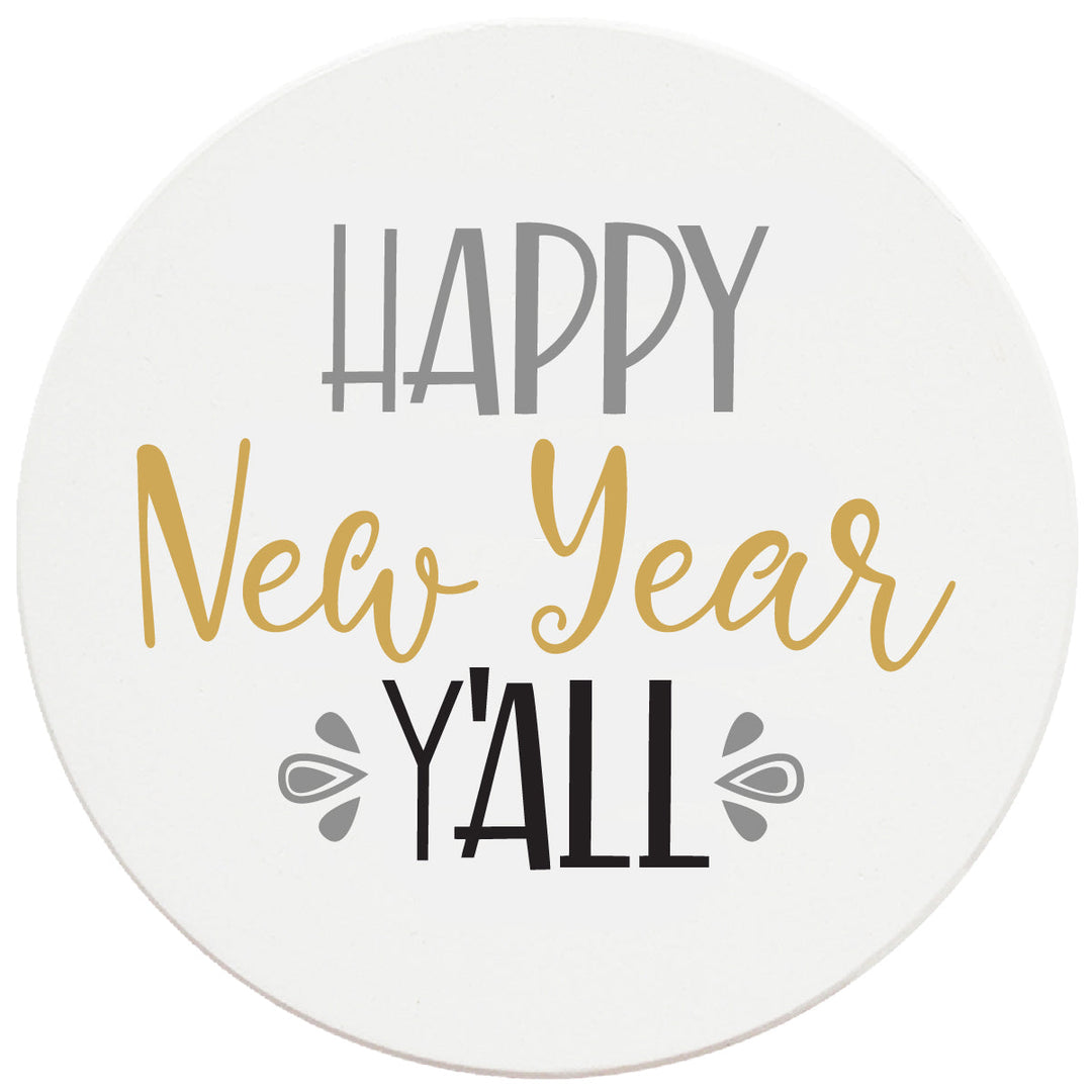 4 Inch Round Ceramic Coaster Set, Happy New Year Y'all, 2 Sets of 4, 8 Pieces