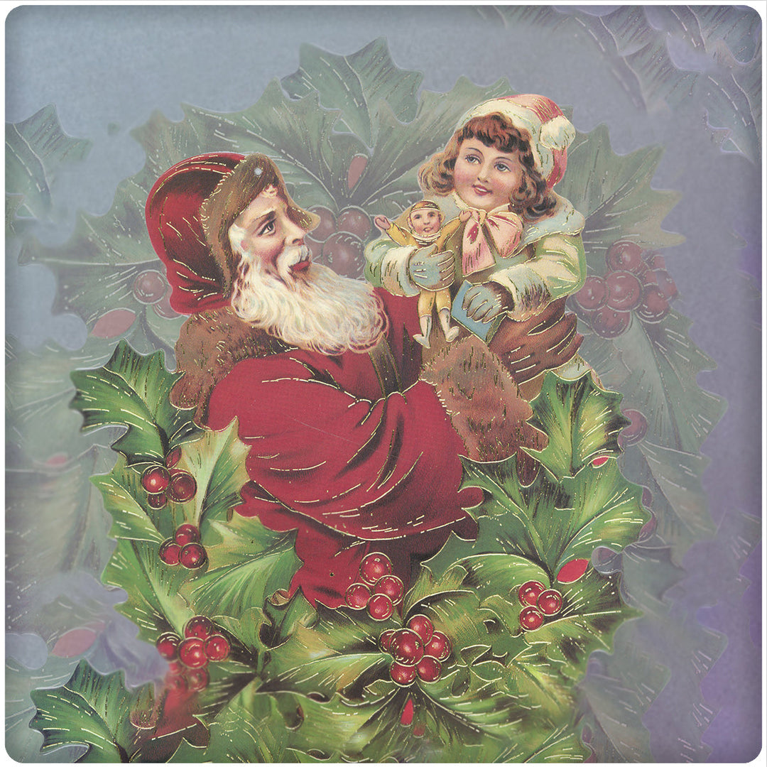 4 Inch Square Ceramic Coaster Set, Historic Santa with Child and Greenery, 2 Sets of 4, 8 Pieces