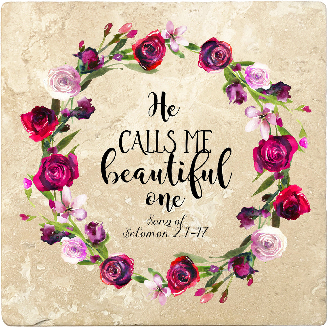4 inch Square Travertine Religious Gift Coasters He Calls Me Beautiful, 2 Sets of 4, 8 Pieces
