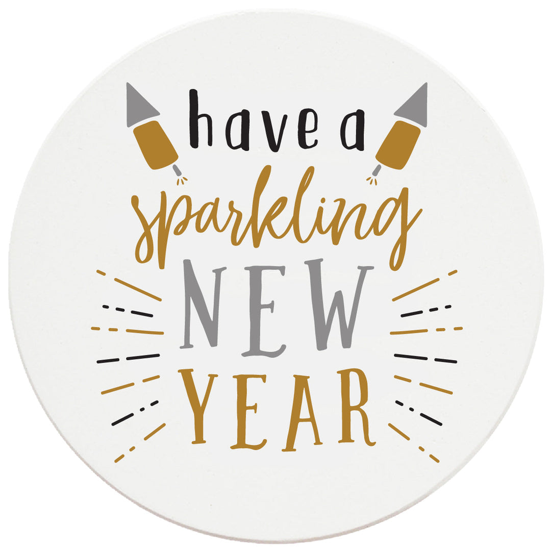4 Inch Round Ceramic Coaster Set, Have A Sparkling New Year, 2 Sets of 4, 8 Pieces