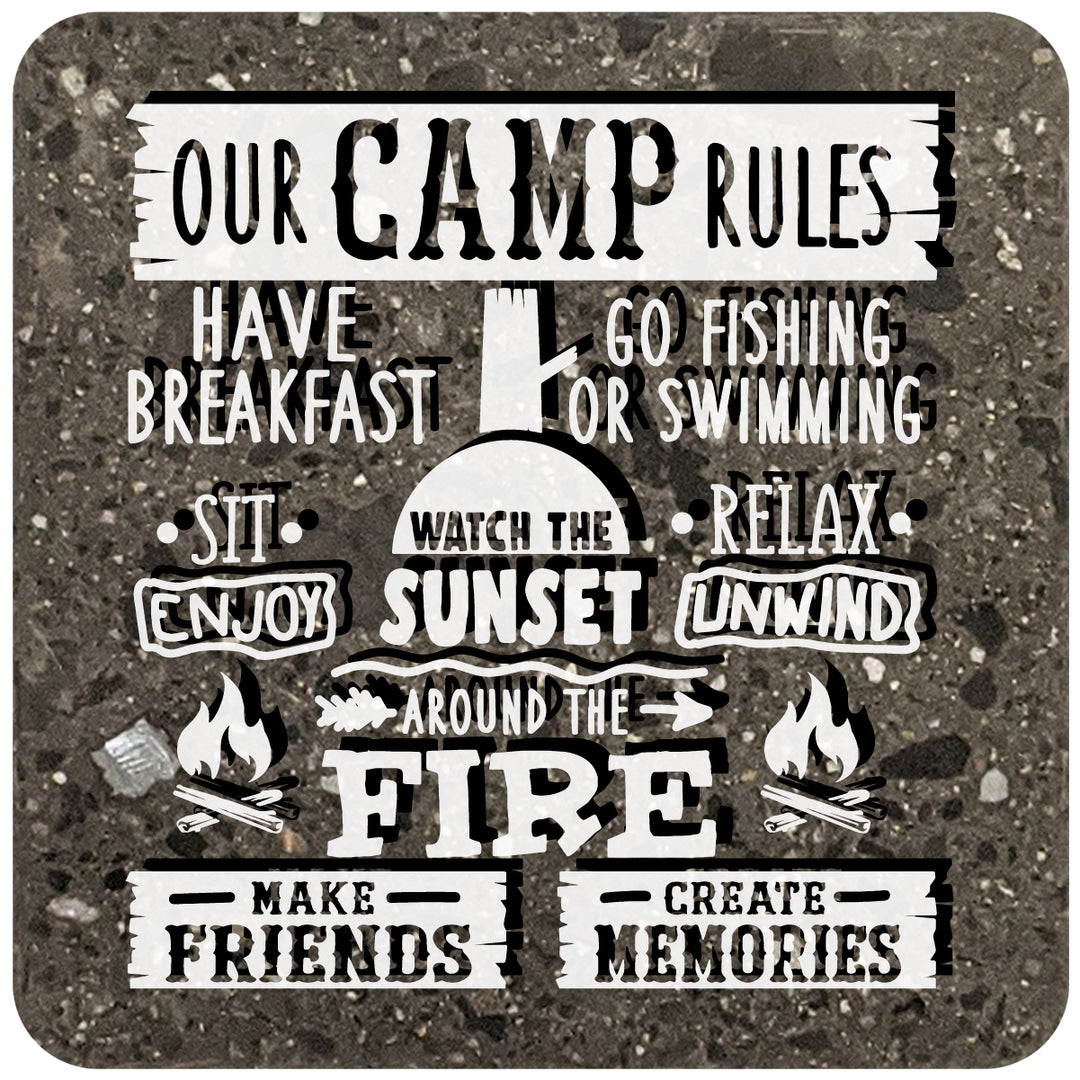4" Square Black Stone Coaster - Our Camp Rules, 2 Sets of 4, 8 Pieces - Christmas by Krebs Wholesale