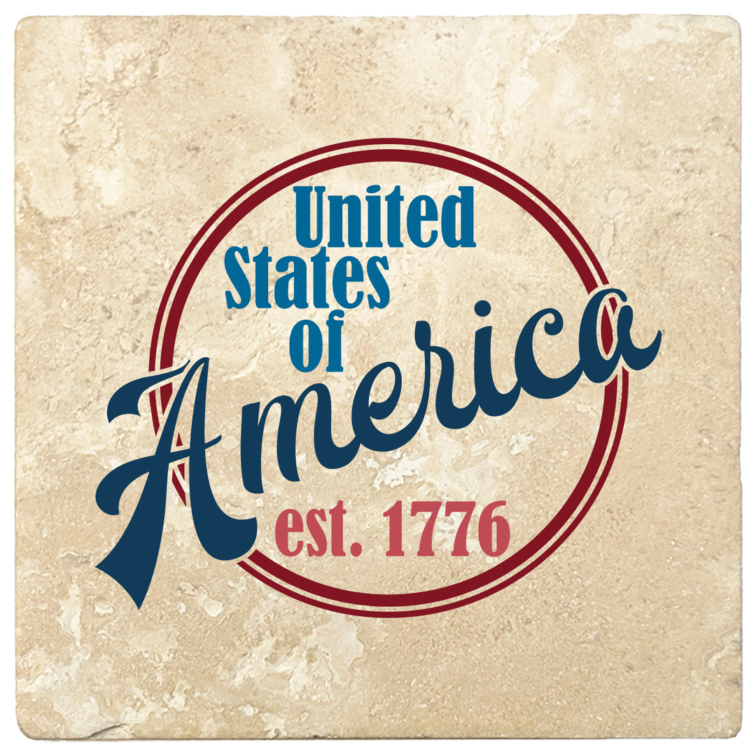 4 Inch Square Travertine United States od America Est. 1776, 2 Sets of 4, 8 Pieces - Christmas by Krebs Wholesale