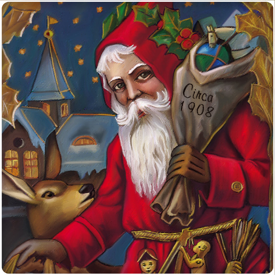 4 Inch Square Ceramic Coaster Set, Historic Santa 1908, 2 Sets of 4, 8 Pieces - Christmas by Krebs Wholesale
