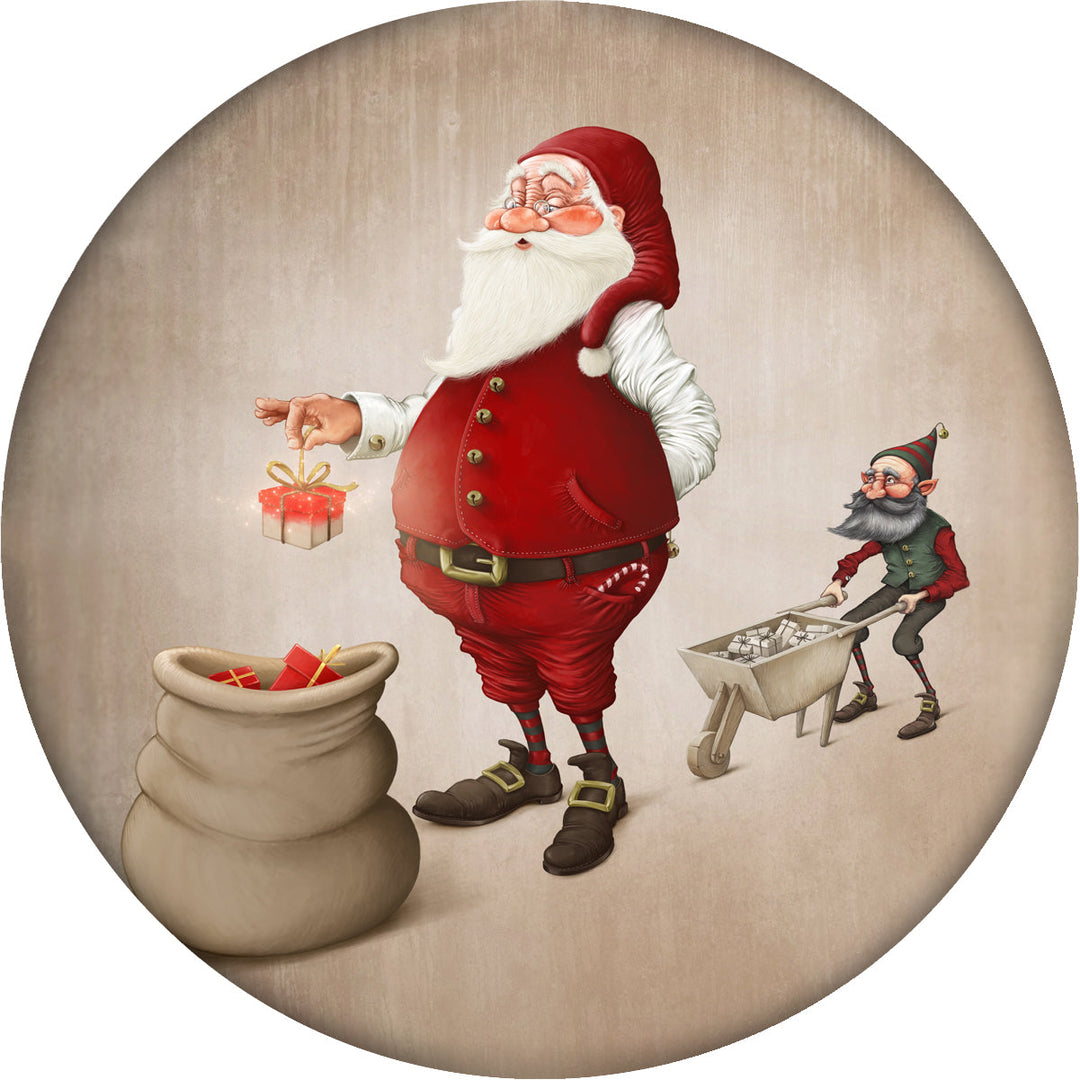 4 Inch Round Ceramic Coaster Set, Nostalgic Santa with Helper, 2 Sets of 4, 8 Pieces