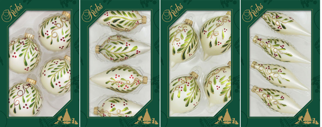Lamb's Wool Velvet Shapes(4 Shapes), Glass Ball with Leaf and Berries Design. 4 shapes, 4 pieces per box, 12 boxes per case, 3 boxes per shape.