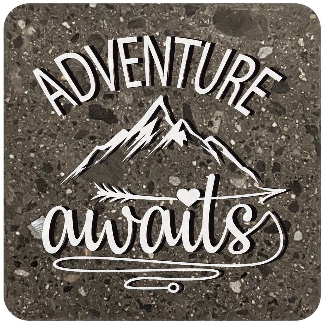4" Square Black Stone Coaster - Adventure Awaits, 2 Sets of 4, 8 Pieces