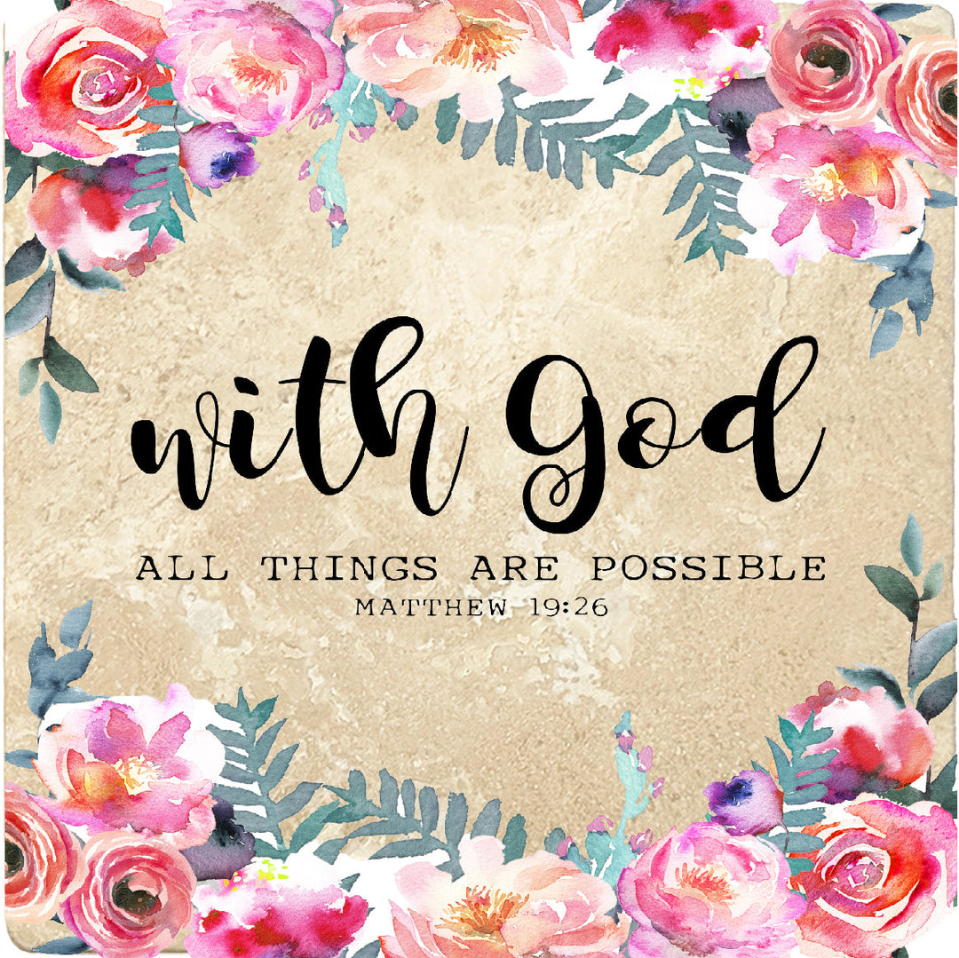 4 inch Square Travertine Religious Gift Coasters With God All Things Are Possible, 2 Sets of 4, 8 Pieces