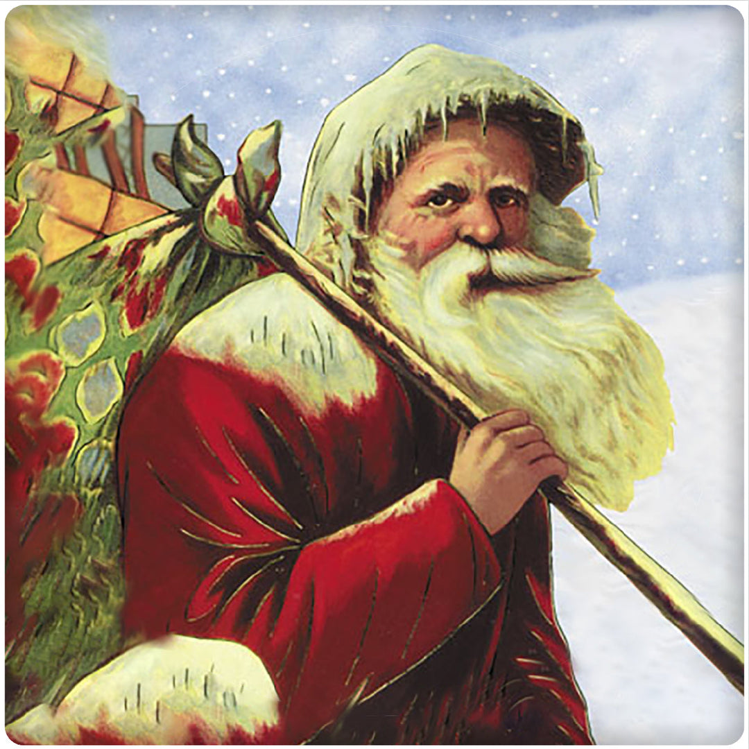 4 Inch Square Ceramic Coaster Set, Historic Santa in Snowstorm, 2 Sets of 4, 8 Pieces