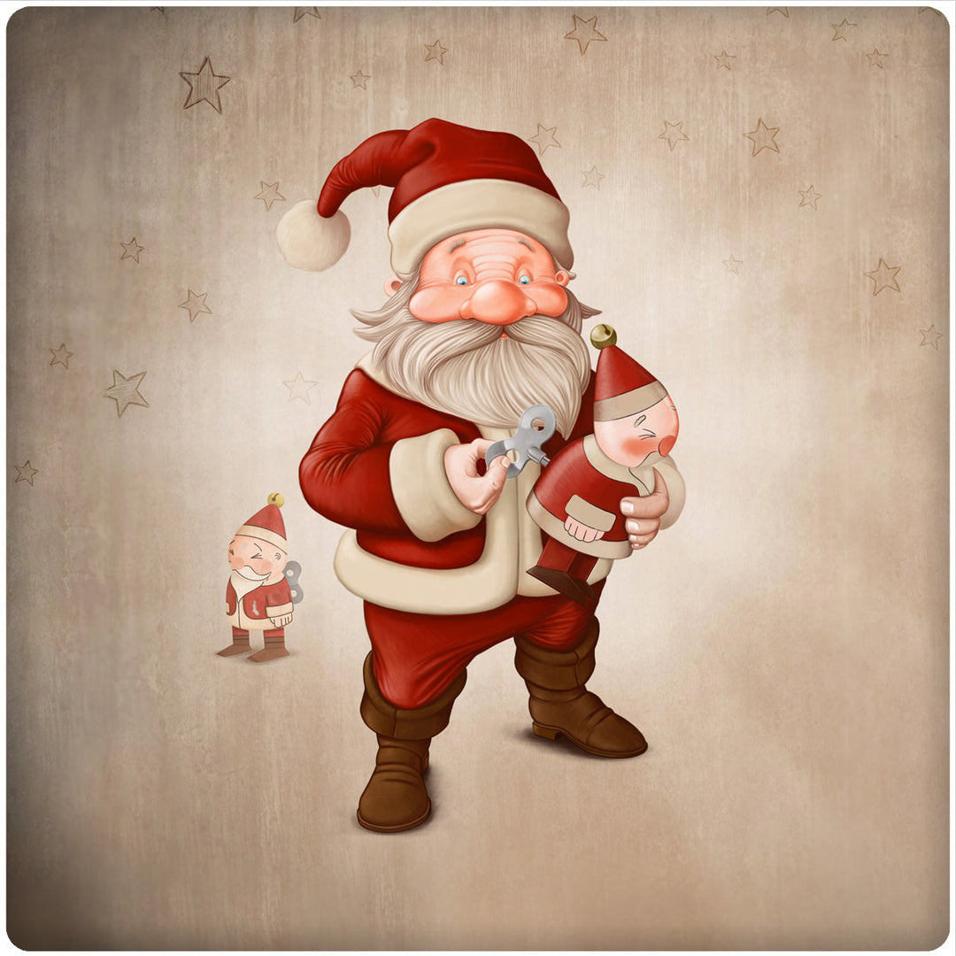 4 Inch Square Ceramic Coaster Set, Nostalgic Santa with Toys, 2 Sets of 4, 8 Pieces