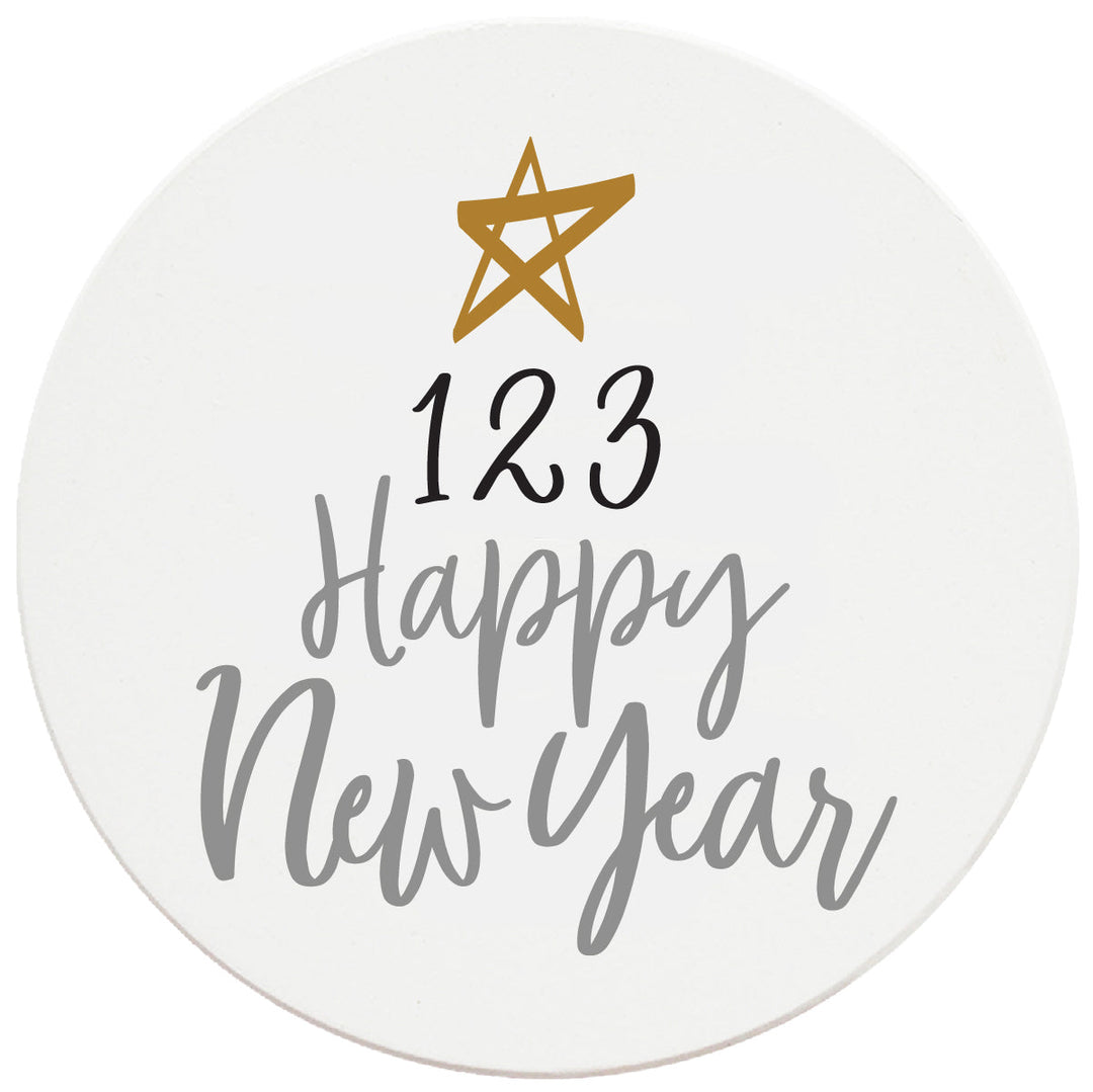 4 Inch Round Ceramic Coaster Set, 1 2 3 Happy New Year, 2 Sets of 4, 8 Pieces