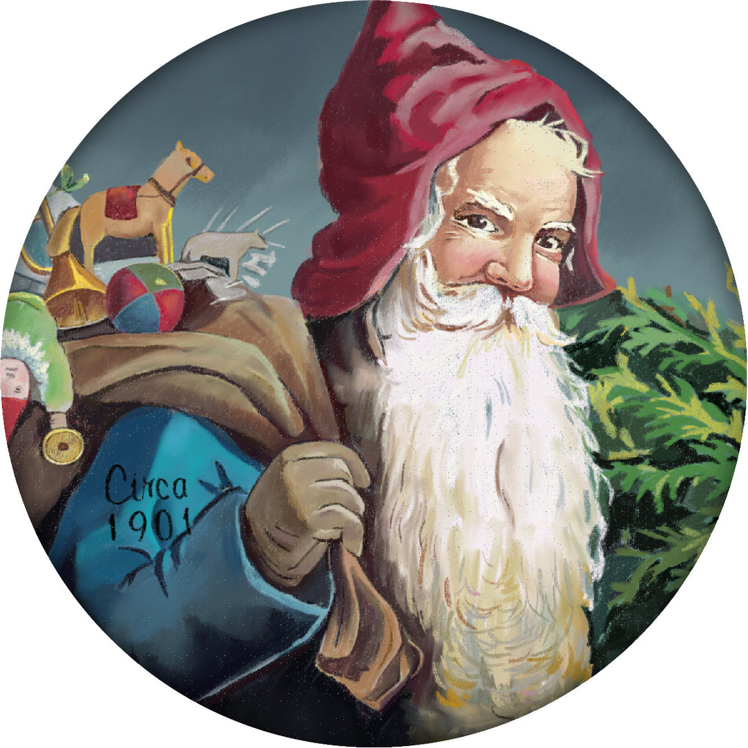4 Inch Round Ceramic Coaster Set, Historic Santa 1901, 2 Sets of 4, 8 Pieces