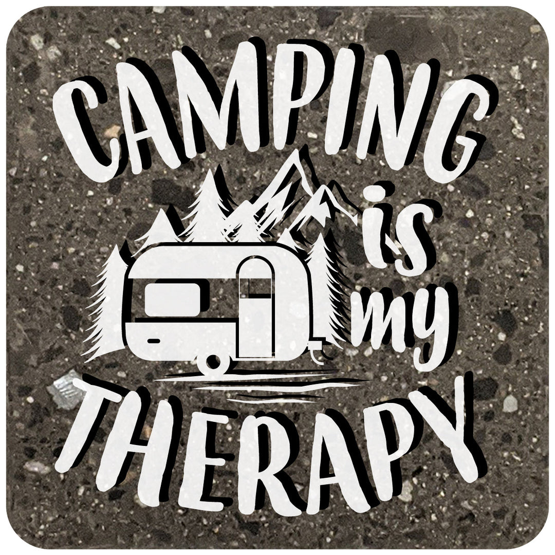 4" Square Black Stone Coaster - Camping Is My Therapy, 2 Sets of 4, 8 Pieces