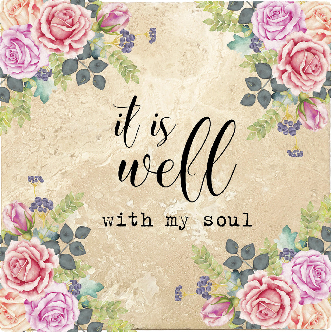4 inch Square Travertine Religious Gift Coasters It Is Well With My Soul, 2 Sets of 4, 8 Pieces