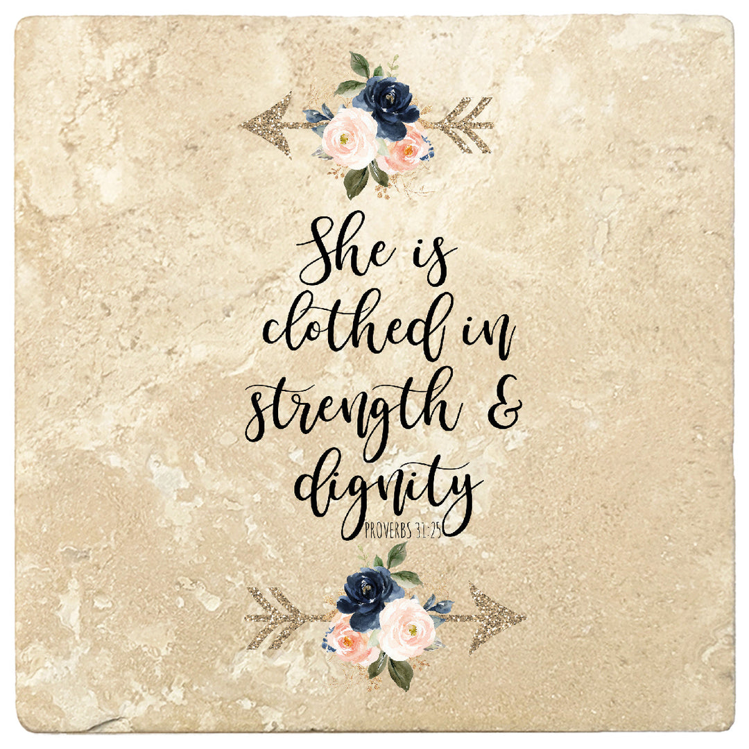 4 inch Square Travertine Religious Gift Coasters She Is Clothed In, 2 Sets of 4, 8 Pieces
