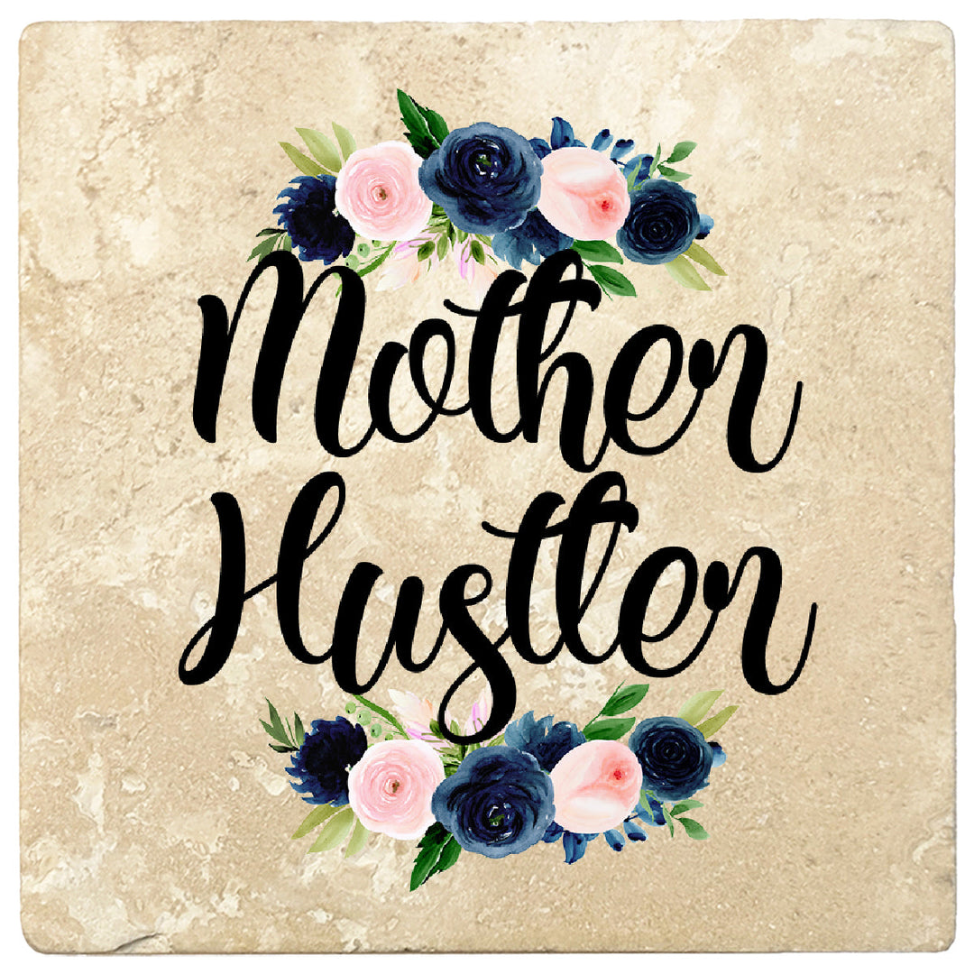 4 inch Square Travertine Gift for Moms Coasters Mother Hustler, 2 Sets of 4, 8 Pieces