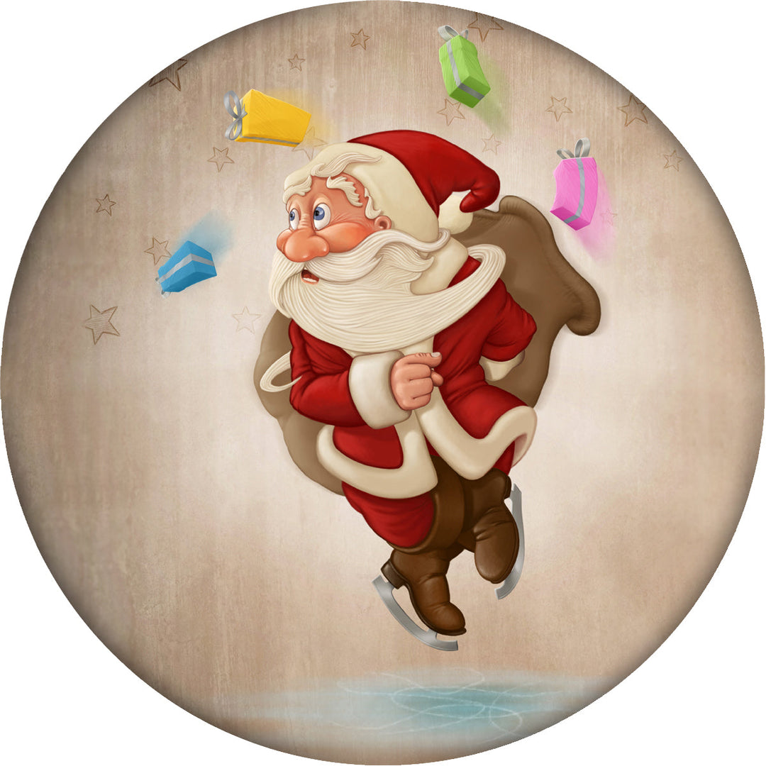 4 Inch Round Ceramic Coaster Set, Nostalgic Santa on Ice Skates, 2 Sets of 4, 8 Pieces
