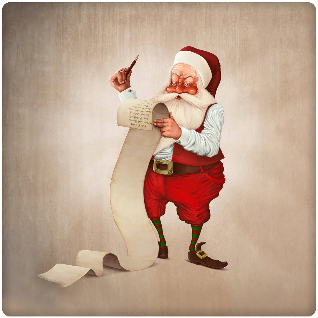 4 Inch Square Ceramic Coaster Set, Nostalgic Santa with Wish List, 2 Sets of 4, 8 Pieces