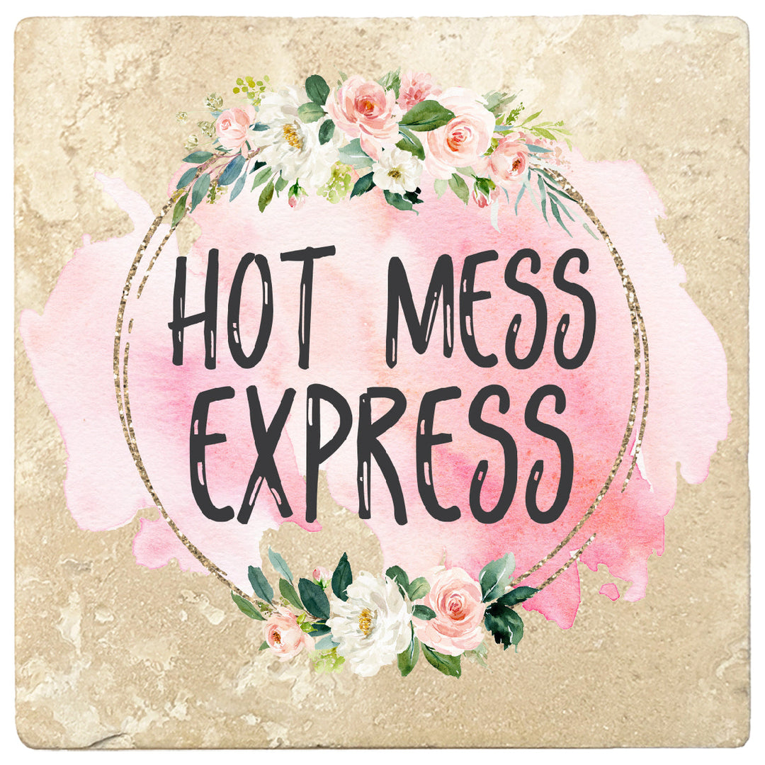 4 inch Square Travertine Gift for Moms Coasters Hot Mess Express, 2 Sets of 4, 8 Pieces