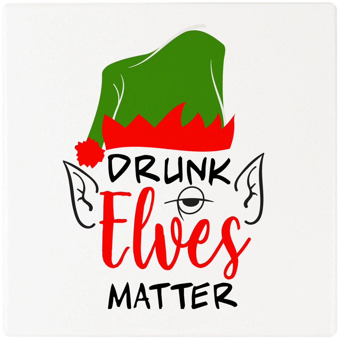 4" Square Cermaic Christmas Humor Coaster Set, Drunk Elves Matter, 2 Sets of 4, 8 Pieces
