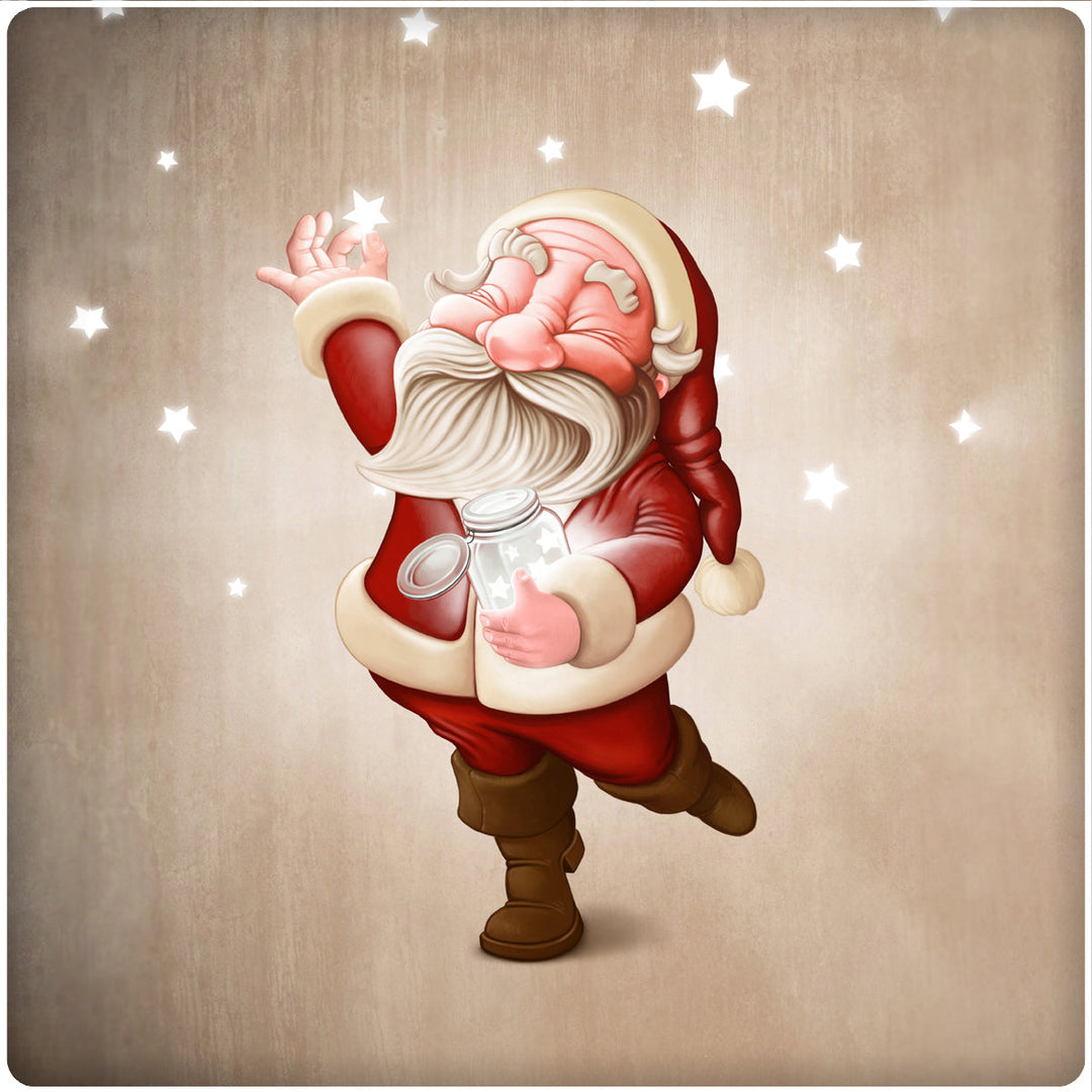 4 Inch Square Ceramic Coaster Set, Nostalgic Santa with Stars, 2 Sets of 4, 8 Pieces