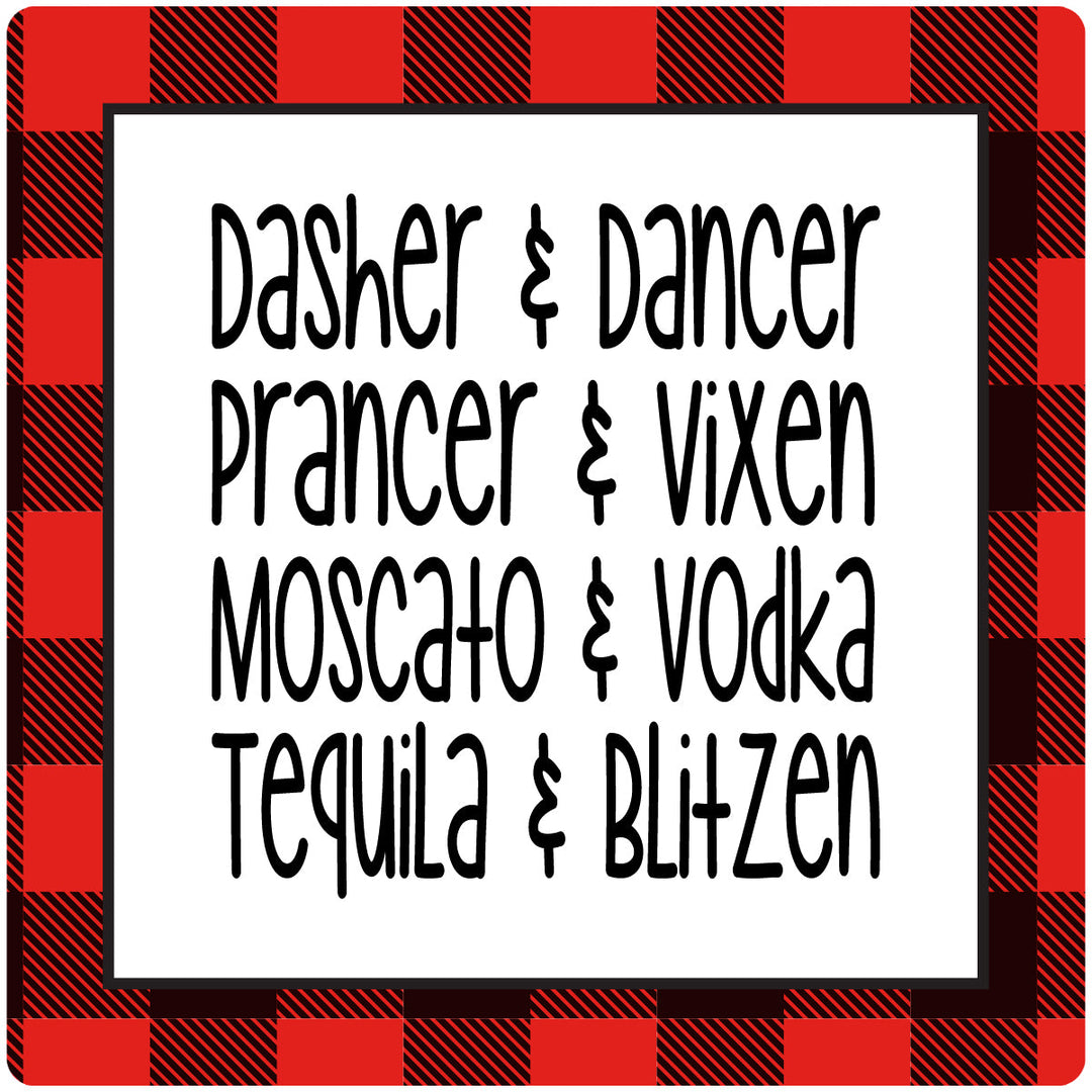 4" Square Cermaic Christmas Humor Coaster Set, Dasher & Dancer, 2 Sets of 4, 8 Pieces