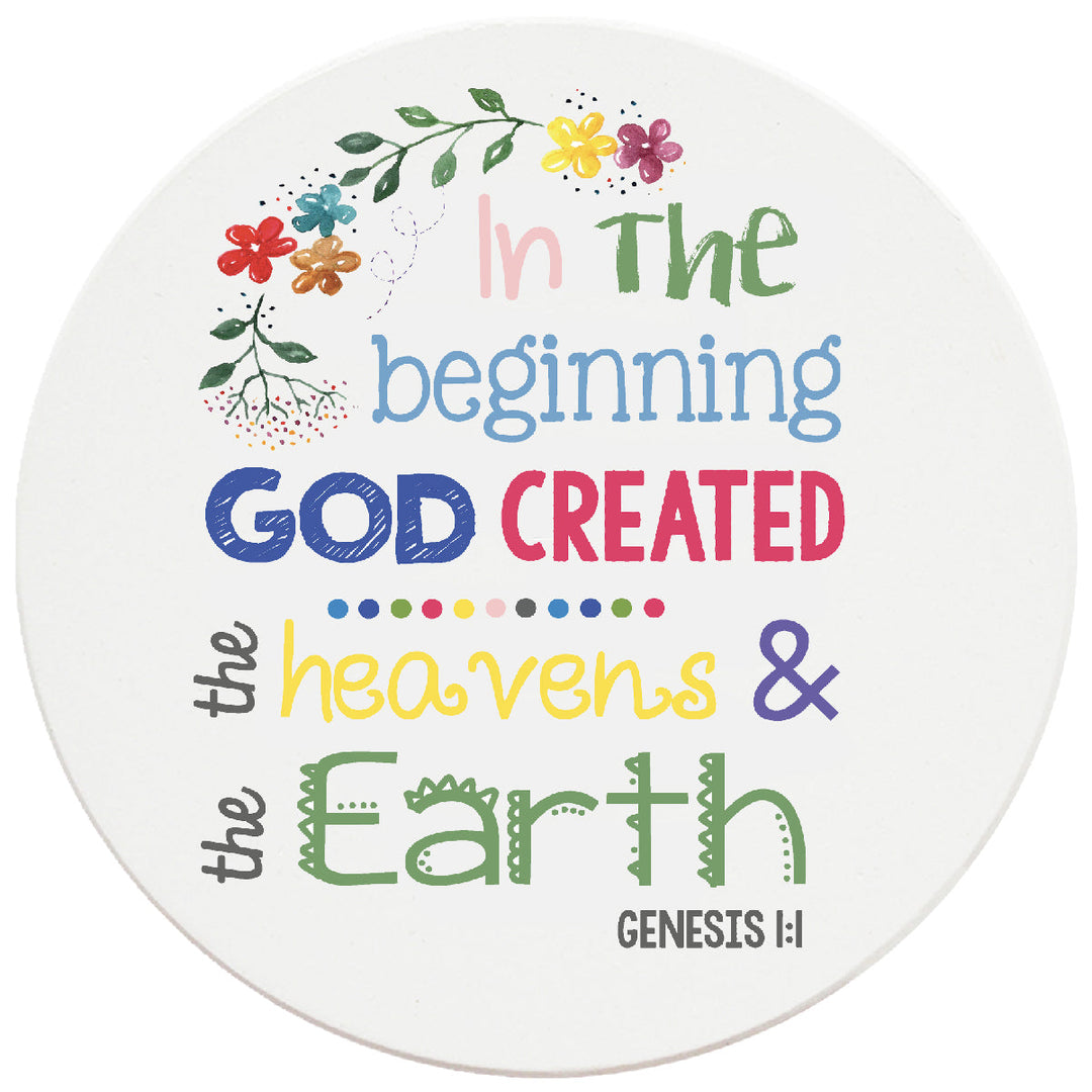 4 inch Round Religious Ceramic Coasters In The Beginning God Created, 2 Sets of 4, 8 Pieces