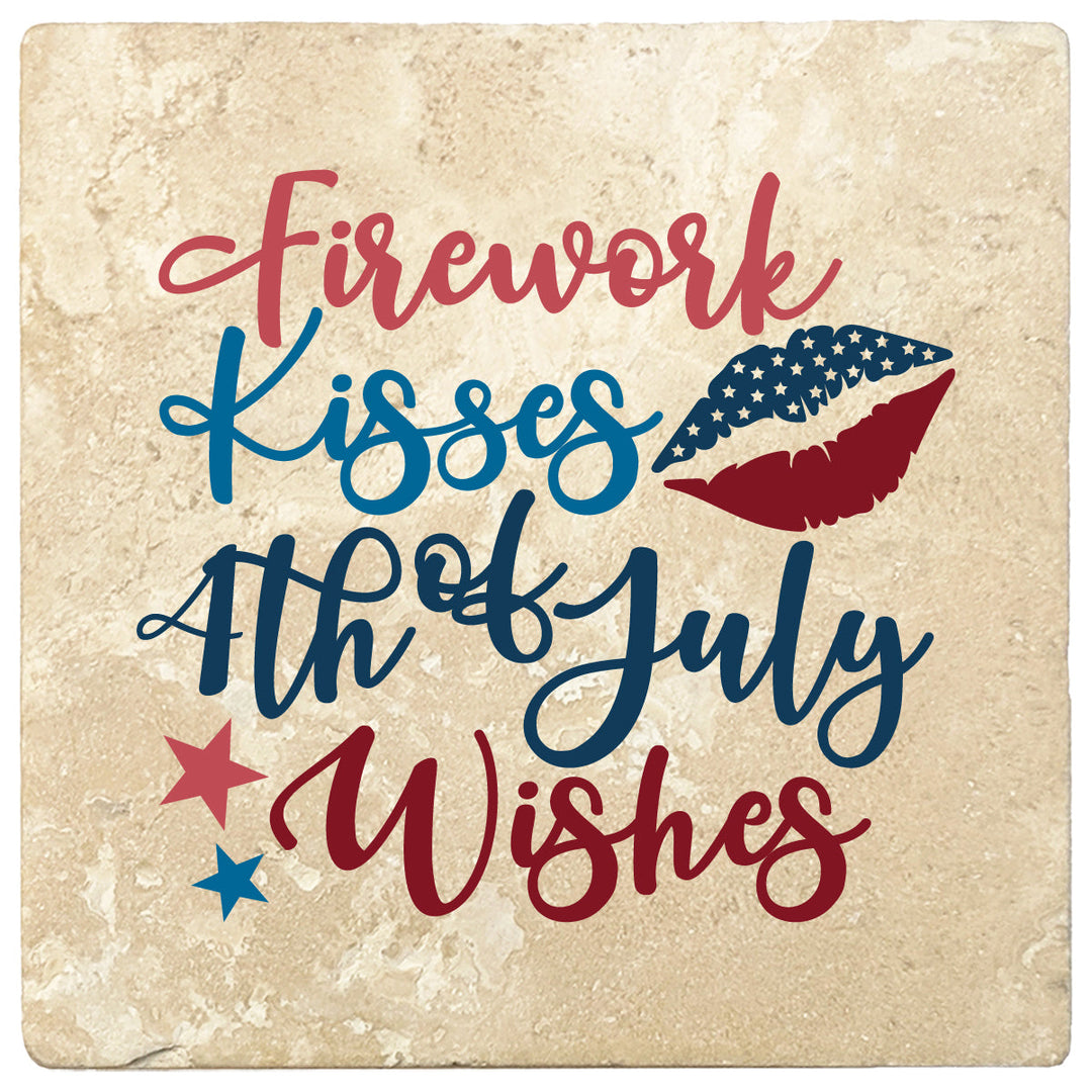 4 Inch Square Travertine Firework Kissed 4th of July Wishes, 2 Sets of 4, 8 Pieces