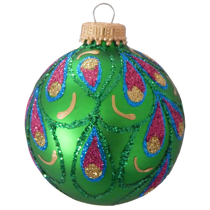 2 5/8" (67mm) Ball Ornaments, Glitter Peacock Drapes, Asst Brights, 4/Box, 12/Case, 48 Pieces