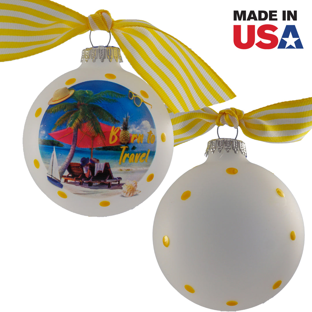 3 1/4" (80mm) Hugs - Frost 3 1/4" (80mm) Glass Ball Ornament with Born to Travel Beach. 12 Pieces per Case