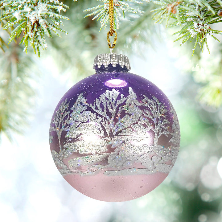 2 5/8" (67mm) Glass Ball Ornaments, Bi-Color Winter Lilac Shine / Smoke Gray Velvet - White Winter Forest Trees, 4/Box, 12/Case, 48 Pieces