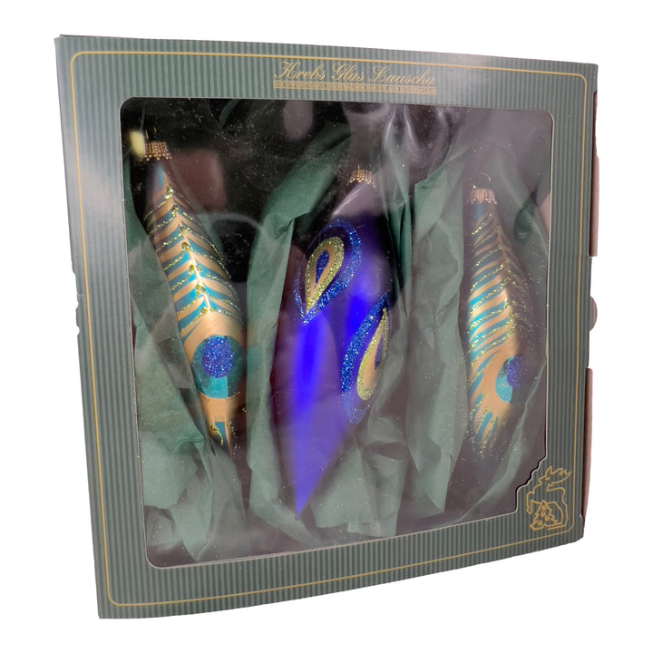 5.6" (15cm) Christmas Peacock Glass Finial, set of 3, Matte Blue, Figurine Ornaments, 3/Box, 8/Case, 24 Pieces